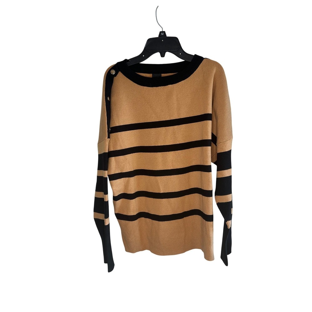 Aeda Womens Striped Crew Neck Sweater Camel Black Button Shoulder Size L